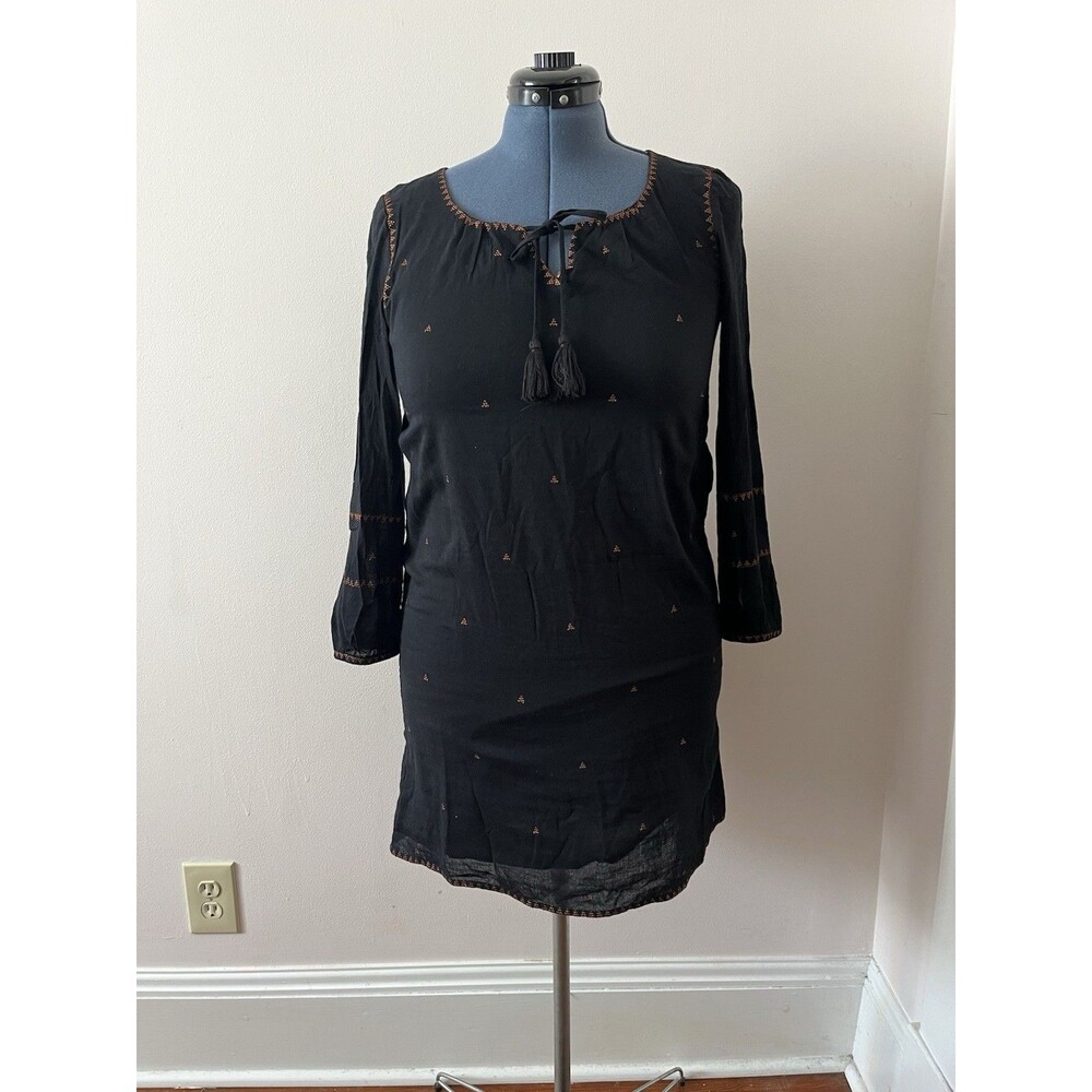 Madewell Black Mini Dress Embroidered Festival Tassel Boho Puff Sleeve S - Picture 2 of 7